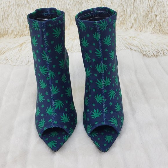 Navy Blue high heel ankle boot Pot Leaf Print - Picture 9 of 11